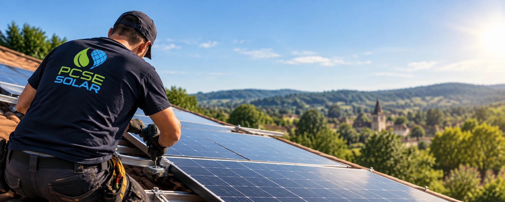 Technicien PCSE Solar installant des panneaux solaires en Dordogne